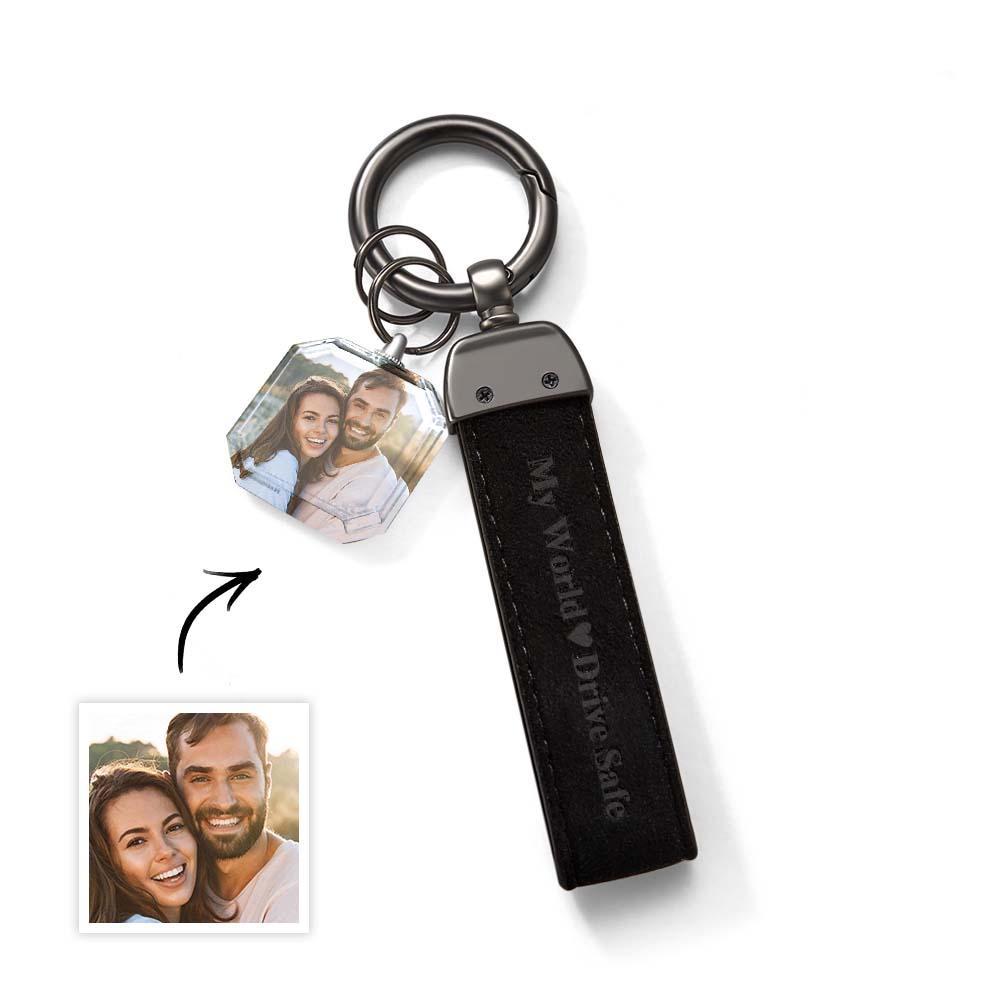Drive Safe My Love Personalized Laser Engraved Leather Crystal Photo KeyChain - yournamenecklaceuk