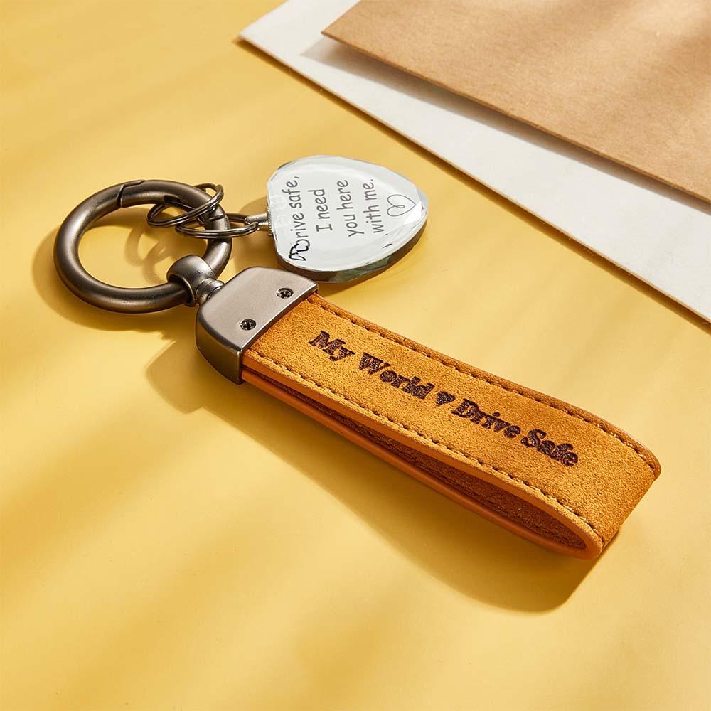 Drive Safe My Love Personalized Laser Engraved Leather Crystal Photo KeyChain - yournamenecklaceuk
