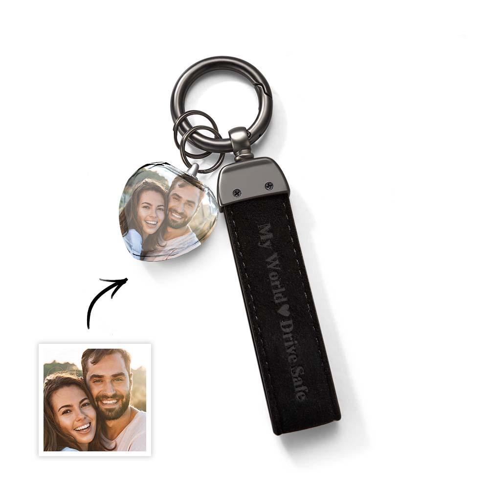 Drive Safe My Love Personalized Laser Engraved Leather Crystal Photo KeyChain - yournamenecklaceuk