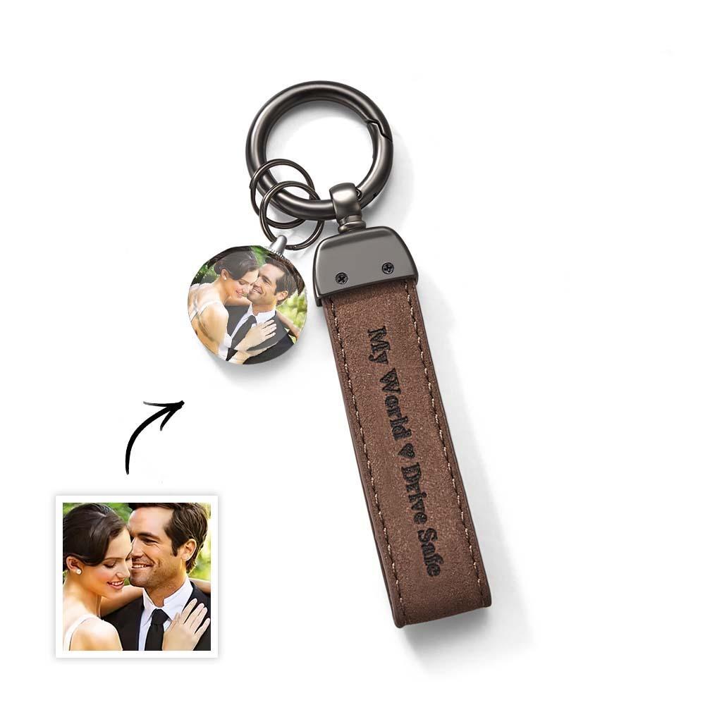 Drive Safe My Love Personalized Laser Engraved Leather Crystal Photo KeyChain - yournamenecklaceuk