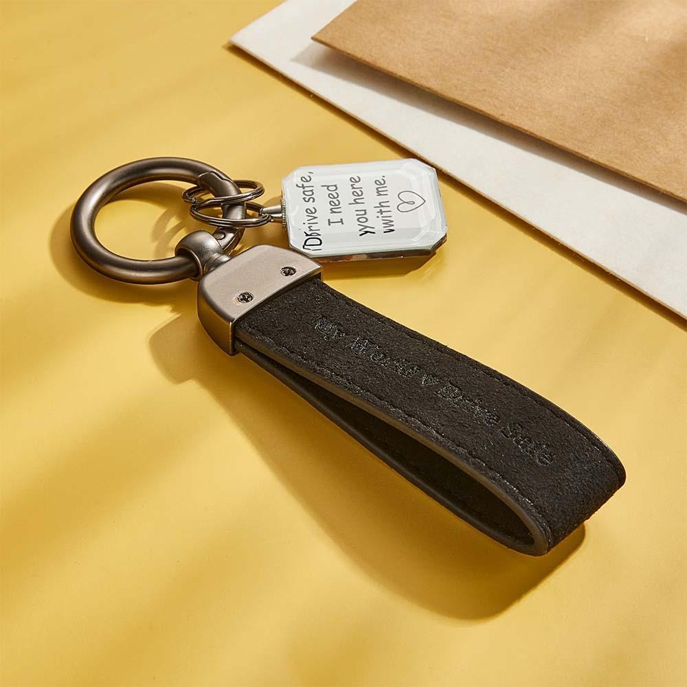 Drive Safe My Love Personalized Laser Engraved Leather Crystal Photo KeyChain - yournamenecklaceuk