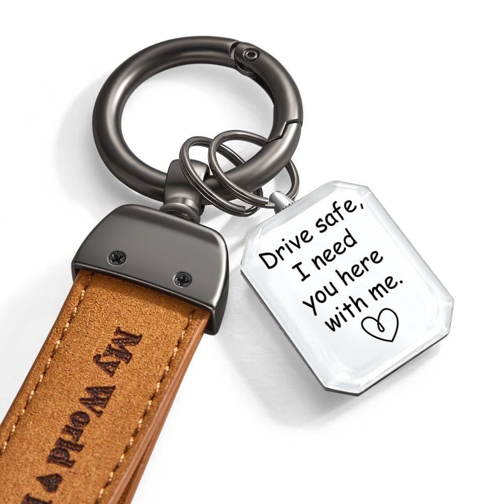 Drive Safe My Love Personalized Laser Engraved Leather Crystal Photo KeyChain - yournamenecklaceuk