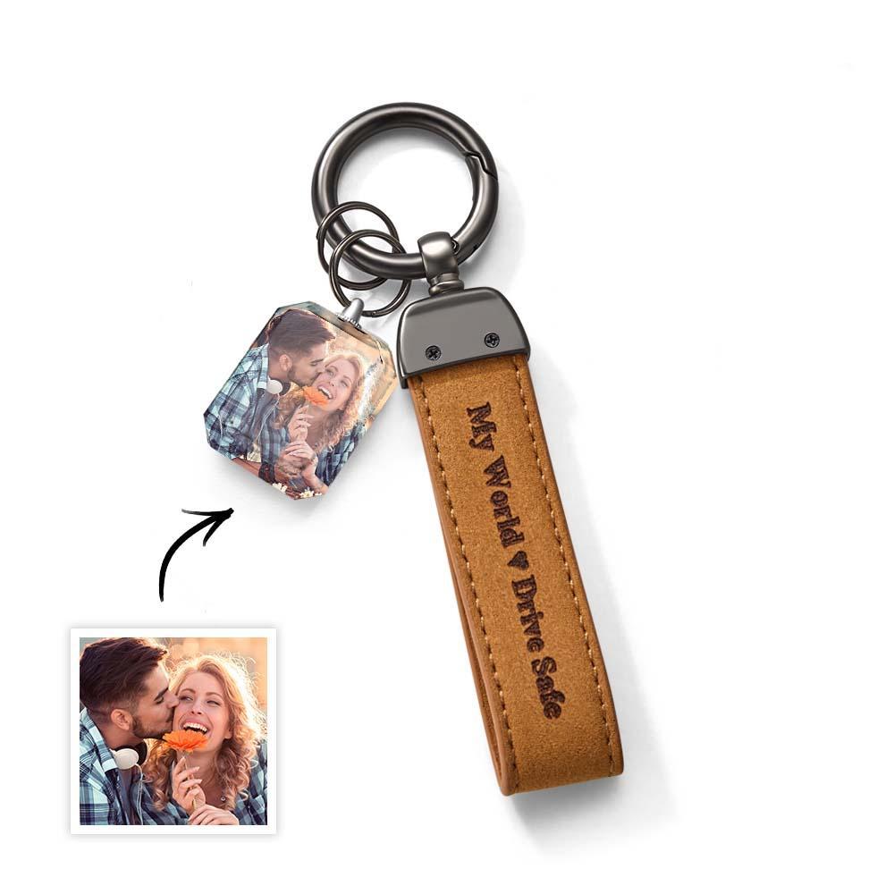Drive Safe My Love Personalized Laser Engraved Leather Crystal Photo KeyChain - yournamenecklaceuk