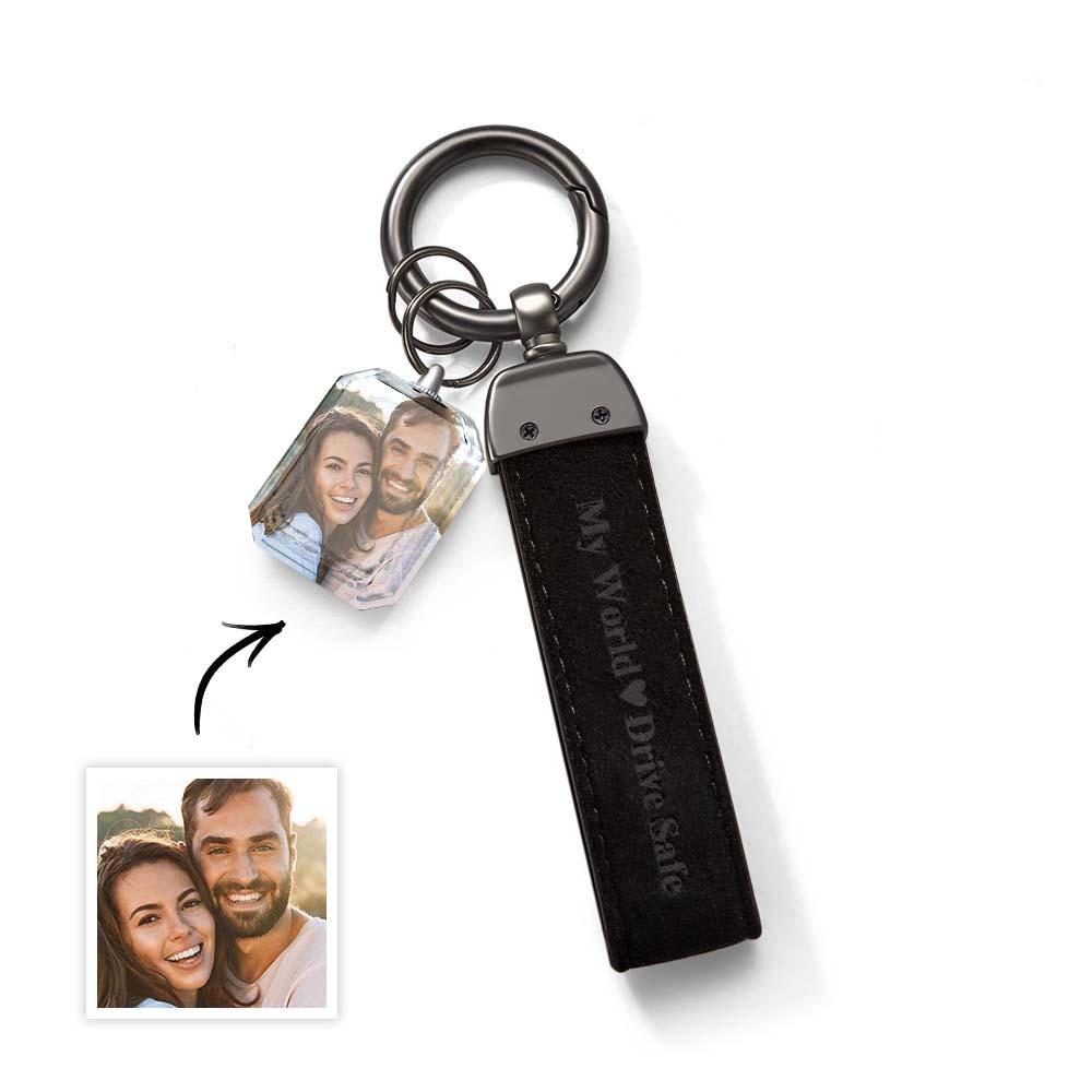 Drive Safe My Love Personalized Laser Engraved Leather Crystal Photo KeyChain - yournamenecklaceuk