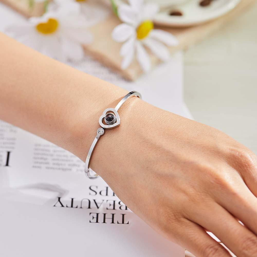 Personalized Photo Projection Heart-Shaped Bracelet Round Free Adjustment Bracelet for Her - yournamenecklaceuk