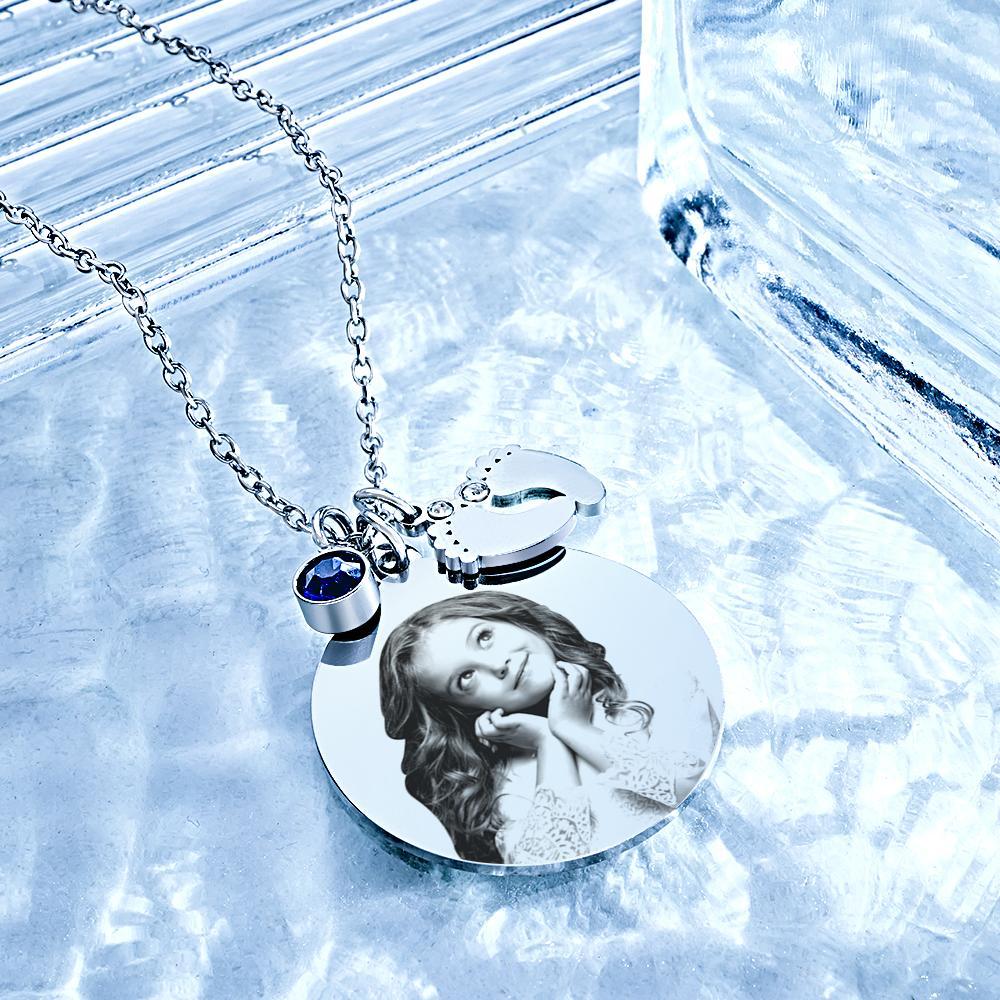 Birthstone Photo Necklace Baby Feet Newborn Engraved Pendant Memorial Gift - yournamenecklaceuk