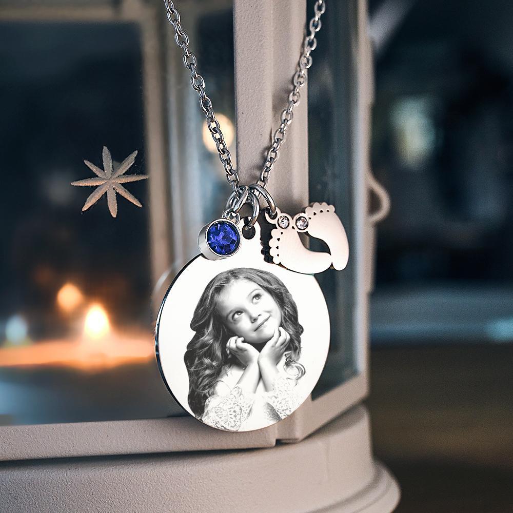 Birthstone Photo Necklace Baby Feet Newborn Engraved Pendant Memorial Gift - yournamenecklaceuk