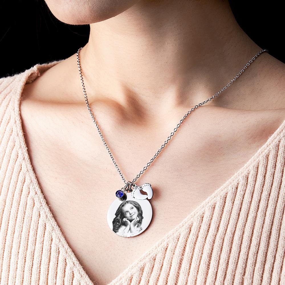 Birthstone Photo Necklace Baby Feet Newborn Engraved Pendant Memorial Gift - yournamenecklaceuk