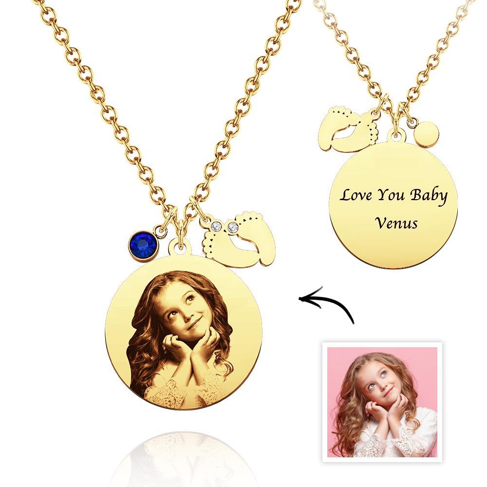 Birthstone Photo Necklace Baby Feet Newborn Engraved Pendant Memorial Gift - yournamenecklaceuk