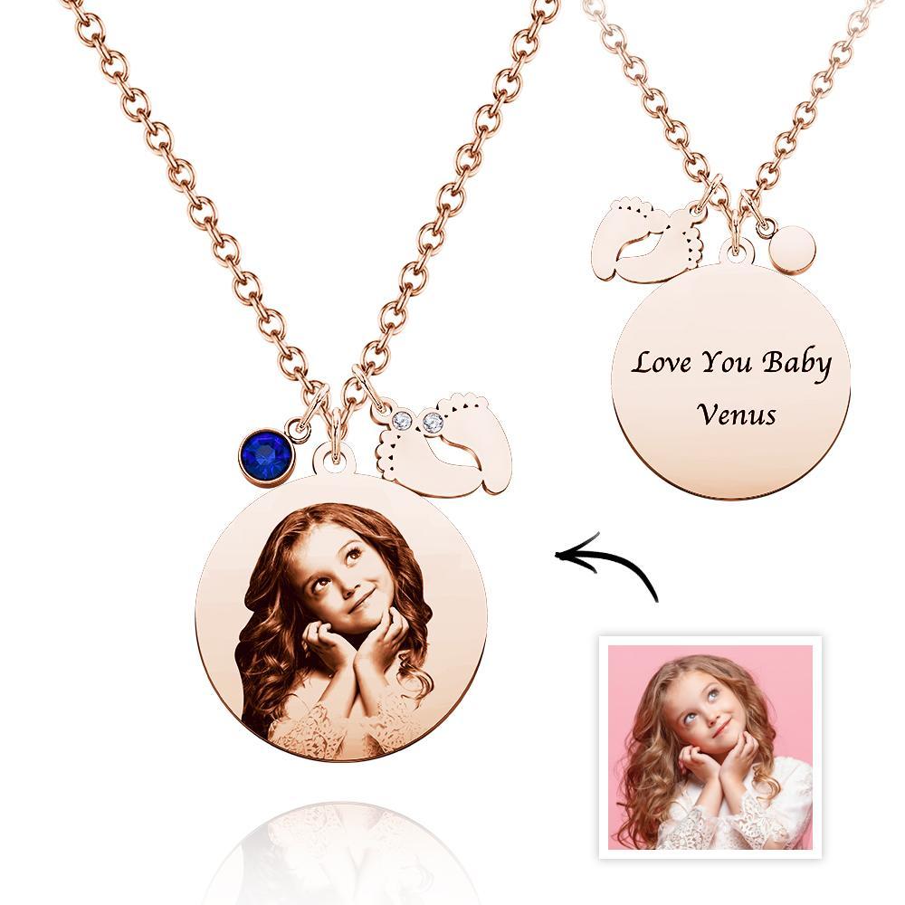Birthstone Photo Necklace Baby Feet Newborn Engraved Pendant Memorial Gift - yournamenecklaceuk