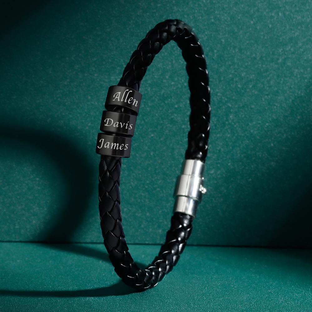 Men's Leather Bracelet Custom Names Men Bracelet with Engraved Beads Name Bracelet Unique Gifts 1-6 Charms