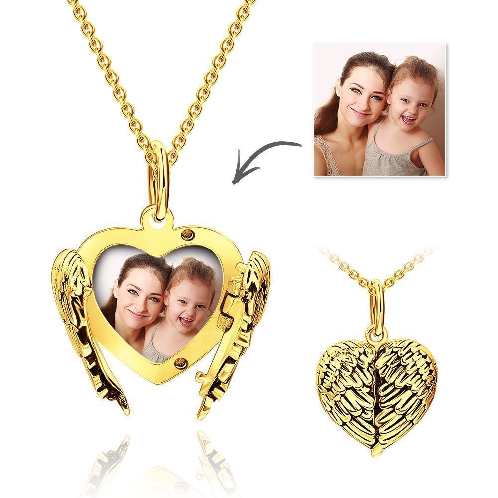 Engravable Photo Locket Necklace Heart Angel Wings for Girlfriend Gold Plated - yournamencklaceuk