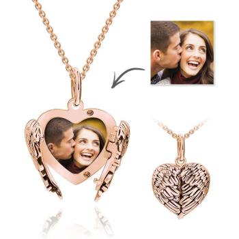 Photo Locket Necklace with Engraving Heart Angel Wings Mother's Gifts Rose Gold Plated - yournamencklaceuk
