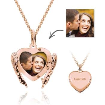 Photo Locket Necklace with Engraving Heart Angel Wings Mother's Gifts Rose Gold Plated - yournamencklaceuk