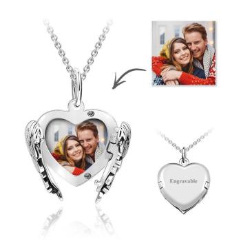 Photo Locket Necklace with Engraving Heart Angel Wings Rose Gold Plated Silver - yournamencklaceuk