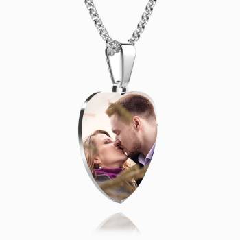Stainless Steel Photo Heart Tag Necklace Engraved Pendant For Couple Valentine's Day Gift