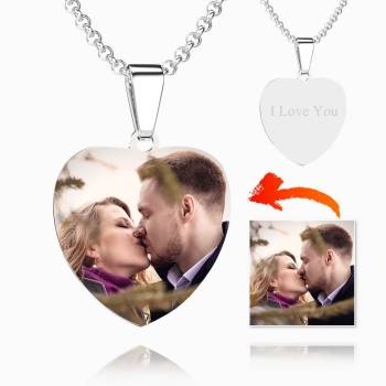 Stainless Steel Photo Heart Tag Necklace Engraved Pendant, Wedding Gift for Bride