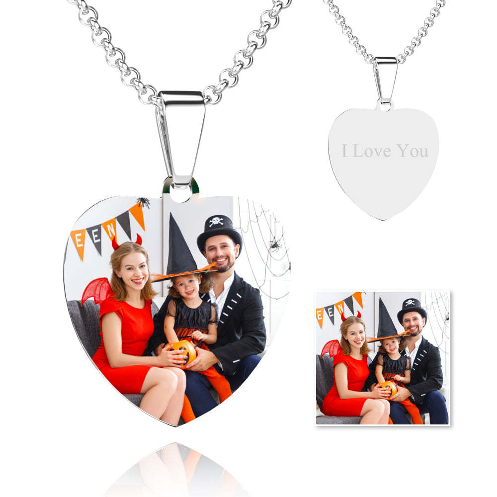 Halloween Gift Stainless Steel Photo Heart Tag Necklace Engraved Pendant