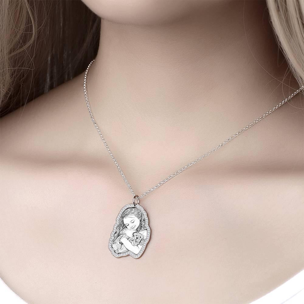 Photo Engraved Necklace, Rhinestone Crystal Cute Necklace Platinum Plated Silver - Sketch - yournamencklaceuk