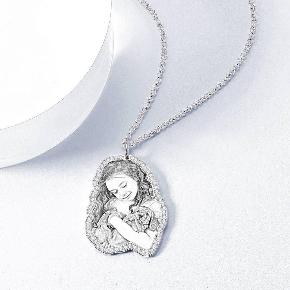 Photo Engraved Necklace, Rhinestone Crystal Cute Necklace Platinum Plated Silver - Sketch - yournamencklaceuk