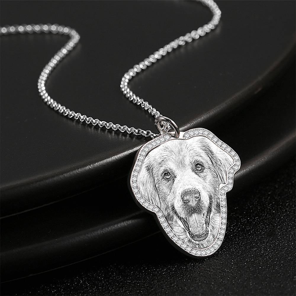 Photo Engraved Necklace, Rhinestone Crystal Cute Necklace Platinum Plated Silver - Sketch - yournamencklaceuk