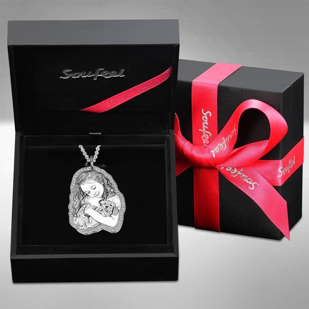 Photo Engraved Necklace, Rhinestone Crystal Cute Necklace Platinum Plated Silver - Sketch - yournamencklaceuk