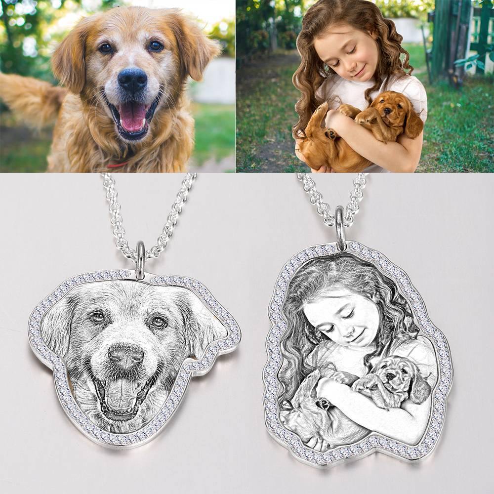 Photo Engraved Necklace, Rhinestone Crystal Perfect Gift Necklace 14K Plated Gold - Sketch - yournamencklaceuk