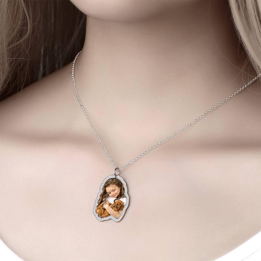 Photo Engraved Necklace, Rhinestone Crystal Cute Necklace Platinum Plated Silver - Colorful - yournamencklaceuk