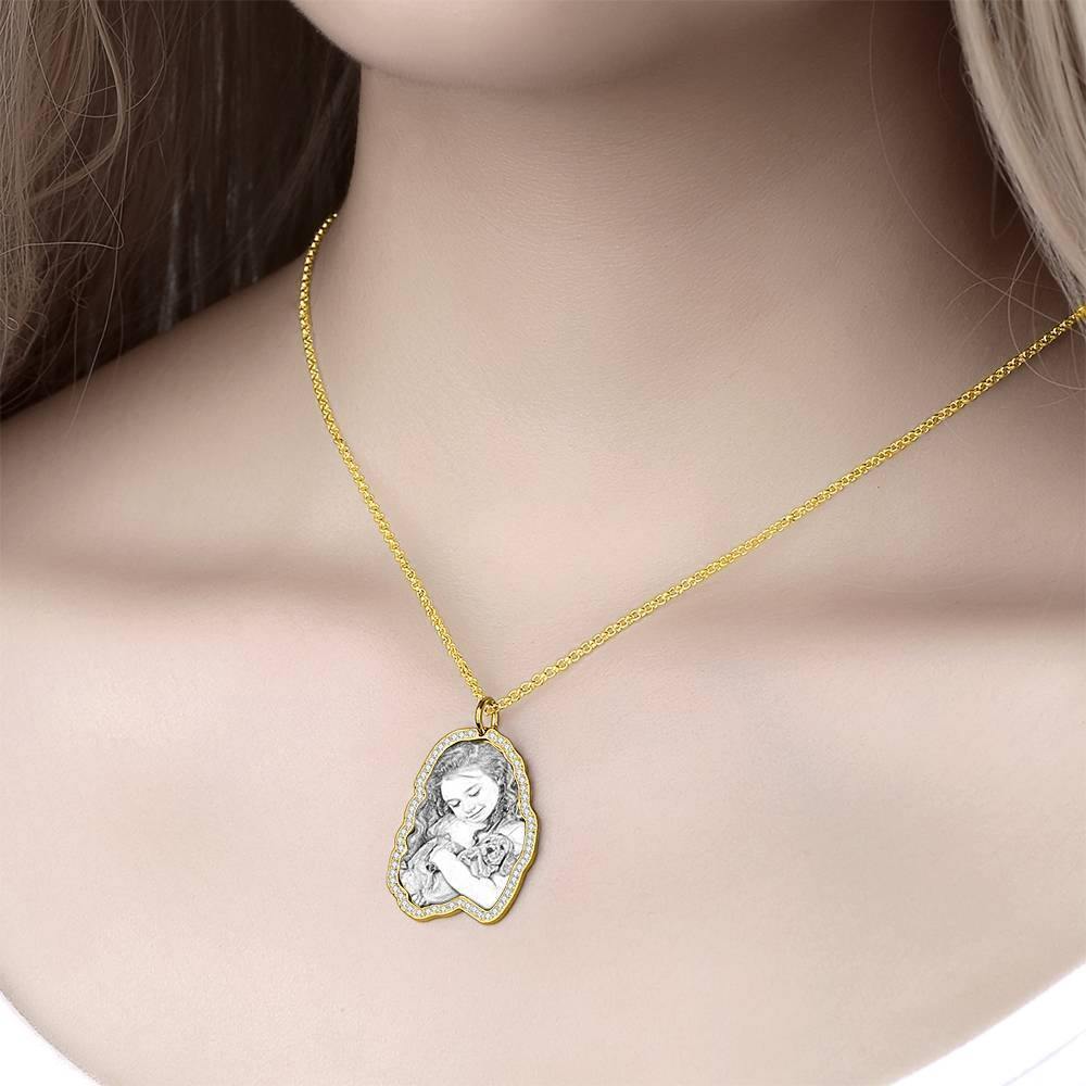 Photo Engraved Necklace, Rhinestone Crystal Perfect Gift Necklace 14K Plated Gold - Sketch - yournamencklaceuk