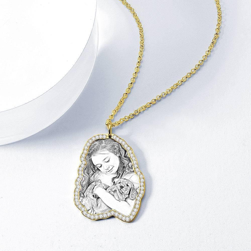 Photo Engraved Necklace, Rhinestone Crystal Perfect Gift Necklace 14K Plated Gold - Sketch - yournamencklaceuk