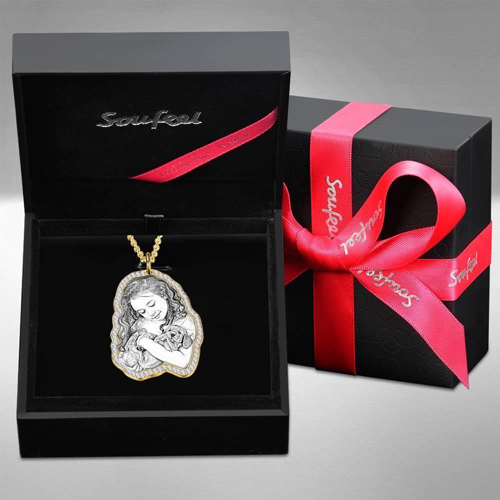 Photo Engraved Necklace, Rhinestone Crystal Perfect Gift Necklace 14K Plated Gold - Sketch - yournamencklaceuk