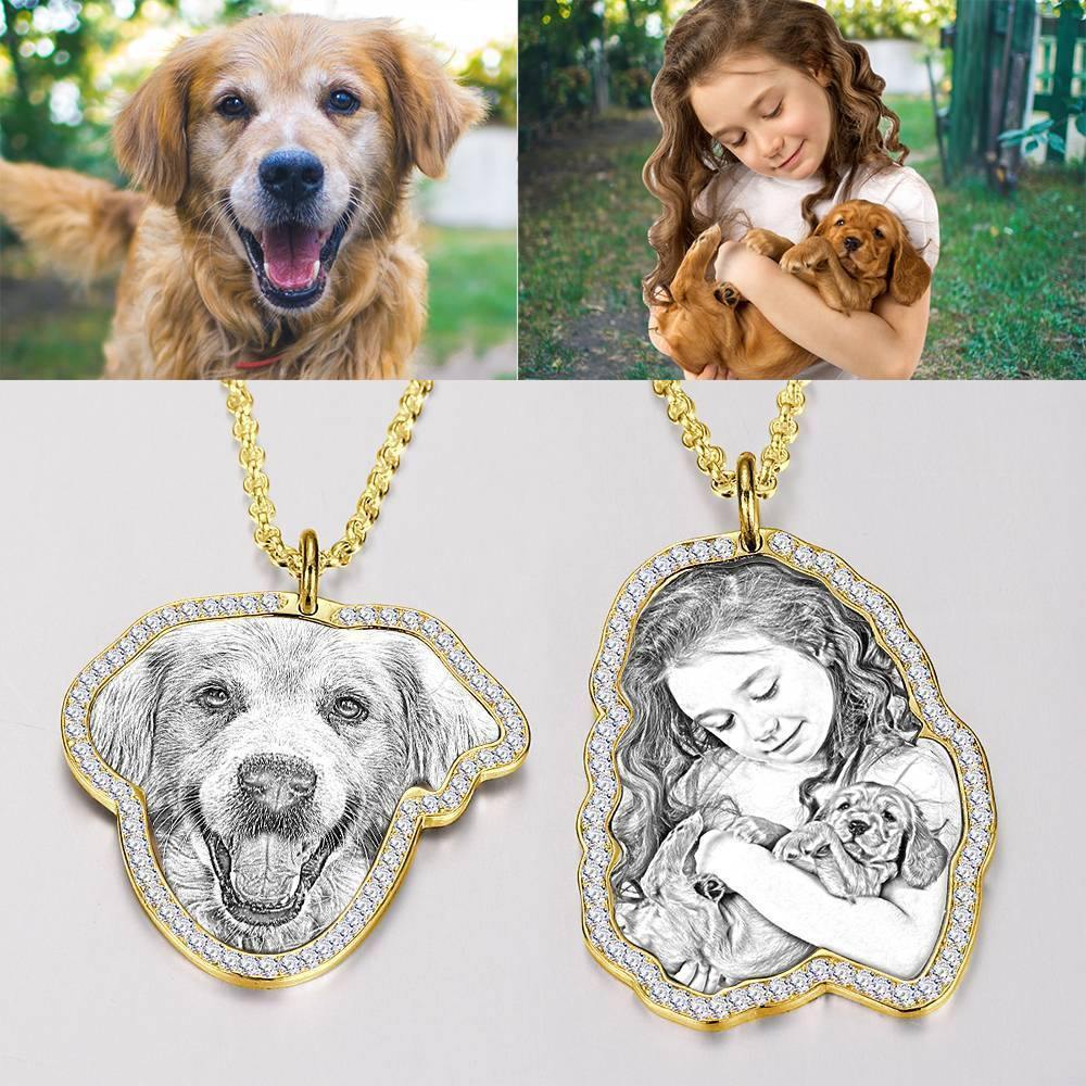 Photo Engraved Necklace, Rhinestone Crystal Perfect Gift Necklace 14K Plated Gold - Sketch - yournamencklaceuk