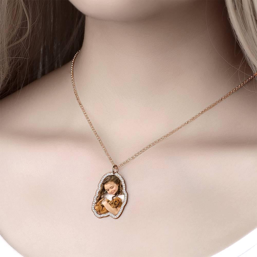 Photo Engraved Necklace, Rhinestone Crystal Memorial Gift Necklace Rose Gold Plated - Colorful - yournamencklaceuk