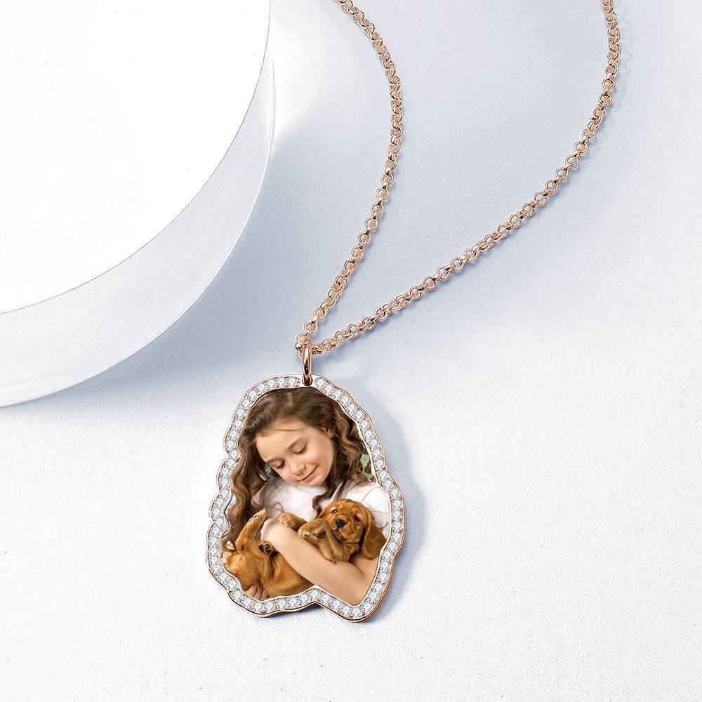 Photo Engraved Necklace, Rhinestone Crystal Memorial Gift Necklace Rose Gold Plated - Colorful - yournamencklaceuk