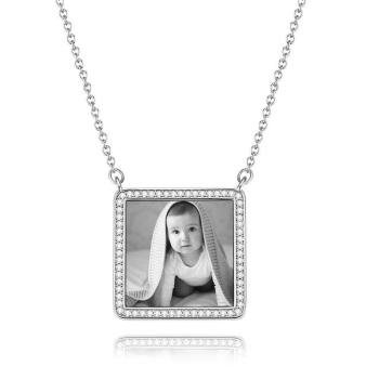 Photo Engraved Necklace Rhinestone Crystal Square Shape Unique Necklace Platinum Plated Silver - Photocopying - yournamencklaceuk