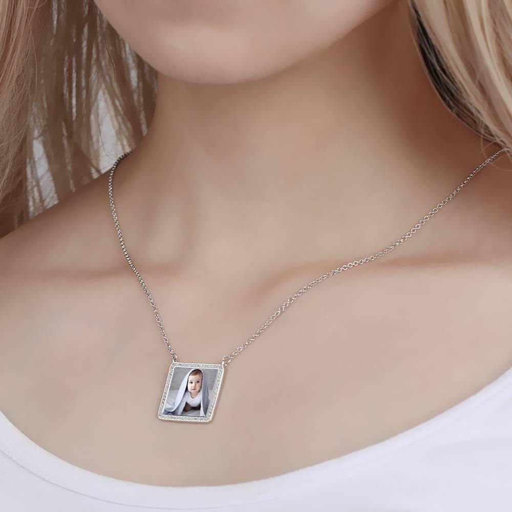 Photo Engraved Necklace Rhinestone Crystal Square Shape Photo Necklace Platinum Plated Silver - Colorful - yournamencklaceuk