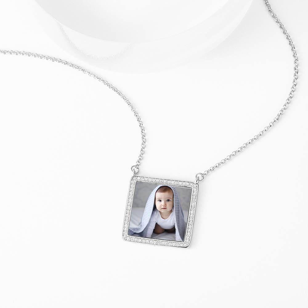 Photo Engraved Necklace Rhinestone Crystal Square Shape Photo Necklace Platinum Plated Silver - Colorful - yournamencklaceuk