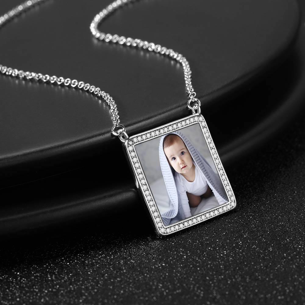 Photo Engraved Necklace Rhinestone Crystal Square Shape Photo Necklace Platinum Plated Silver - Colorful - yournamencklaceuk