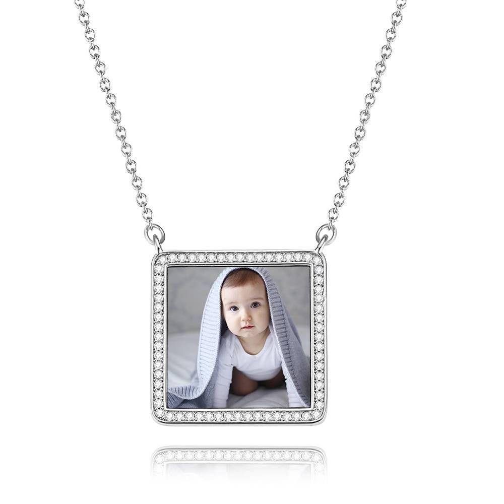 Photo Engraved Necklace Rhinestone Crystal Square Shape Photo Necklace 14K Plated Gold Golden - Colorful - yournamencklaceuk