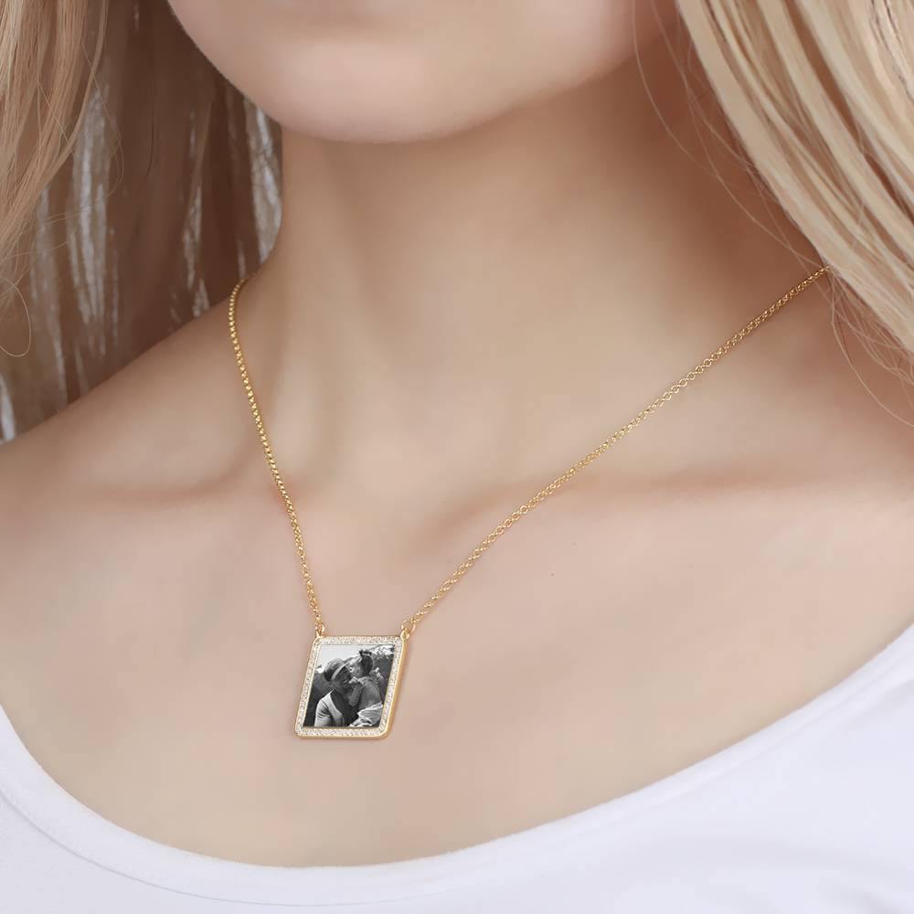 Photo Engraved Necklace Rhinestone Crystal Square Shape Unique Necklace 14K Plated Gold Golden - Photocopying - yournamencklaceuk