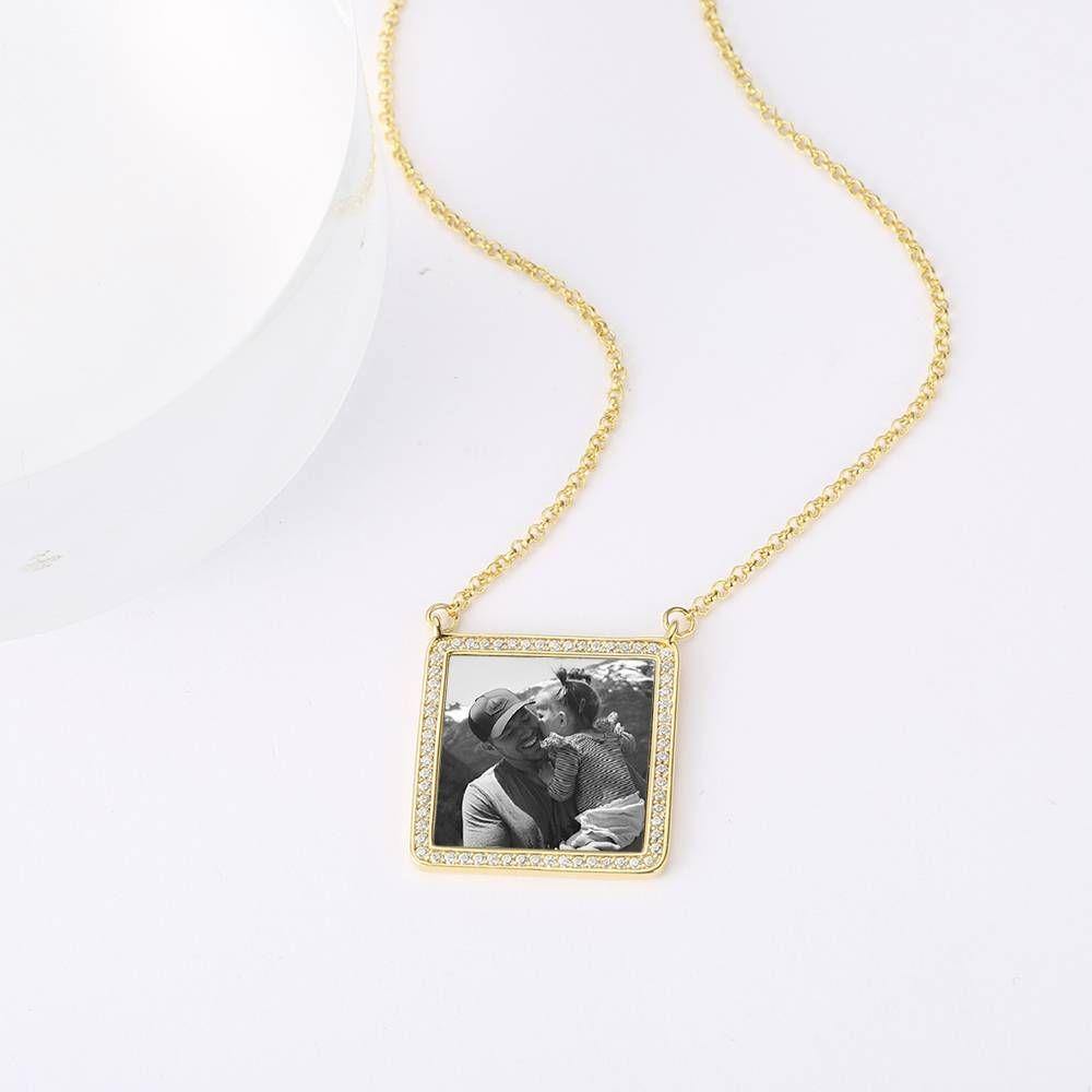 Photo Engraved Necklace Rhinestone Crystal Square Shape Unique Necklace 14K Plated Gold Golden - Photocopying - yournamencklaceuk