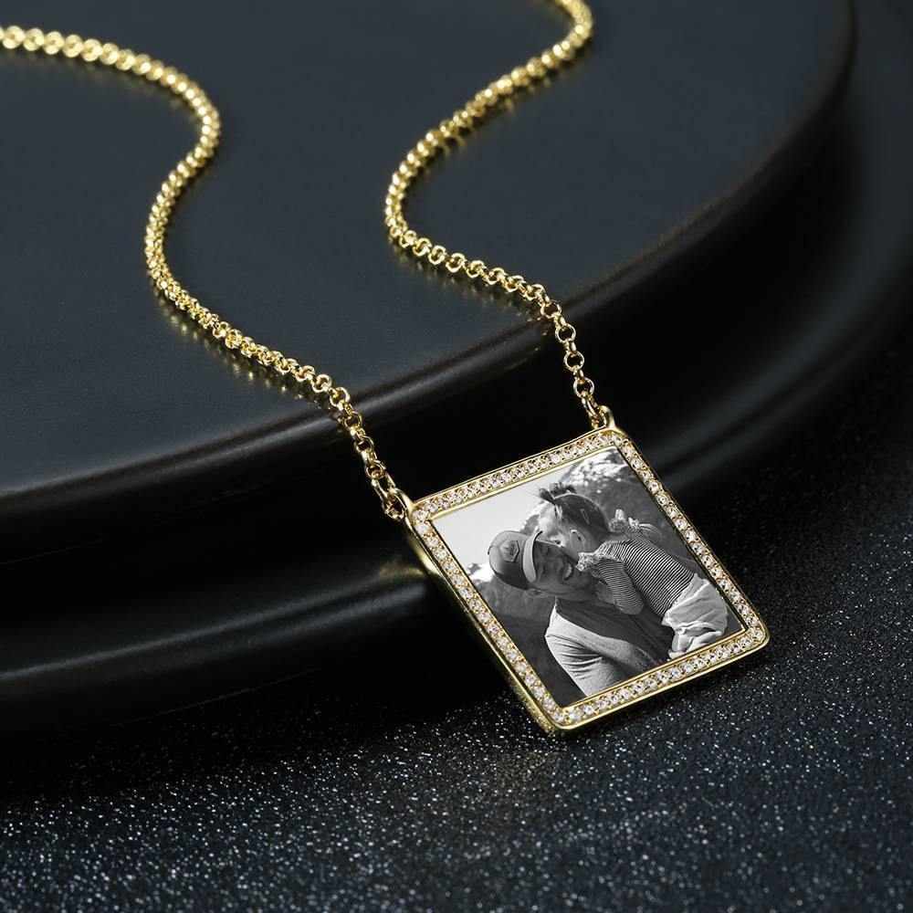 Photo Engraved Necklace Rhinestone Crystal Square Shape Unique Necklace 14K Plated Gold Golden - Photocopying - yournamencklaceuk