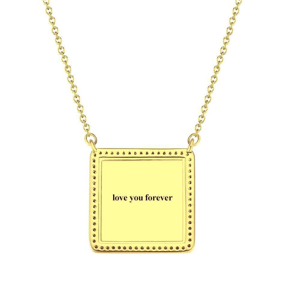Photo Engraved Necklace Rhinestone Crystal Square Shape Unique Necklace 14K Plated Gold Golden - Photocopying - yournamencklaceuk