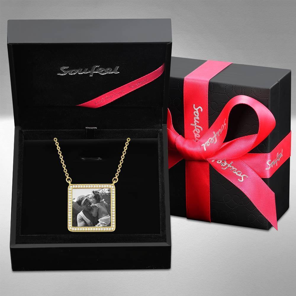 Photo Engraved Necklace Rhinestone Crystal Square Shape Unique Necklace 14K Plated Gold Golden - Photocopying - yournamencklaceuk