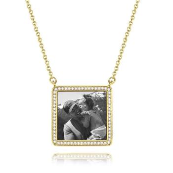 Photo Engraved Necklace Rhinestone Crystal Square Shape Unique Necklace 14K Plated Gold Golden - Photocopying - yournamencklaceuk