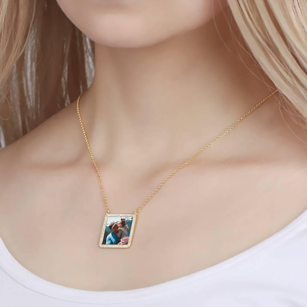 Photo Engraved Necklace Rhinestone Crystal Square Shape Photo Necklace 14K Plated Gold Golden - Colorful - yournamencklaceuk