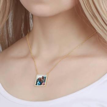 Photo Engraved Necklace Rhinestone Crystal Square Shape Photo Necklace 14K Plated Gold Golden - Colorful - yournamencklaceuk