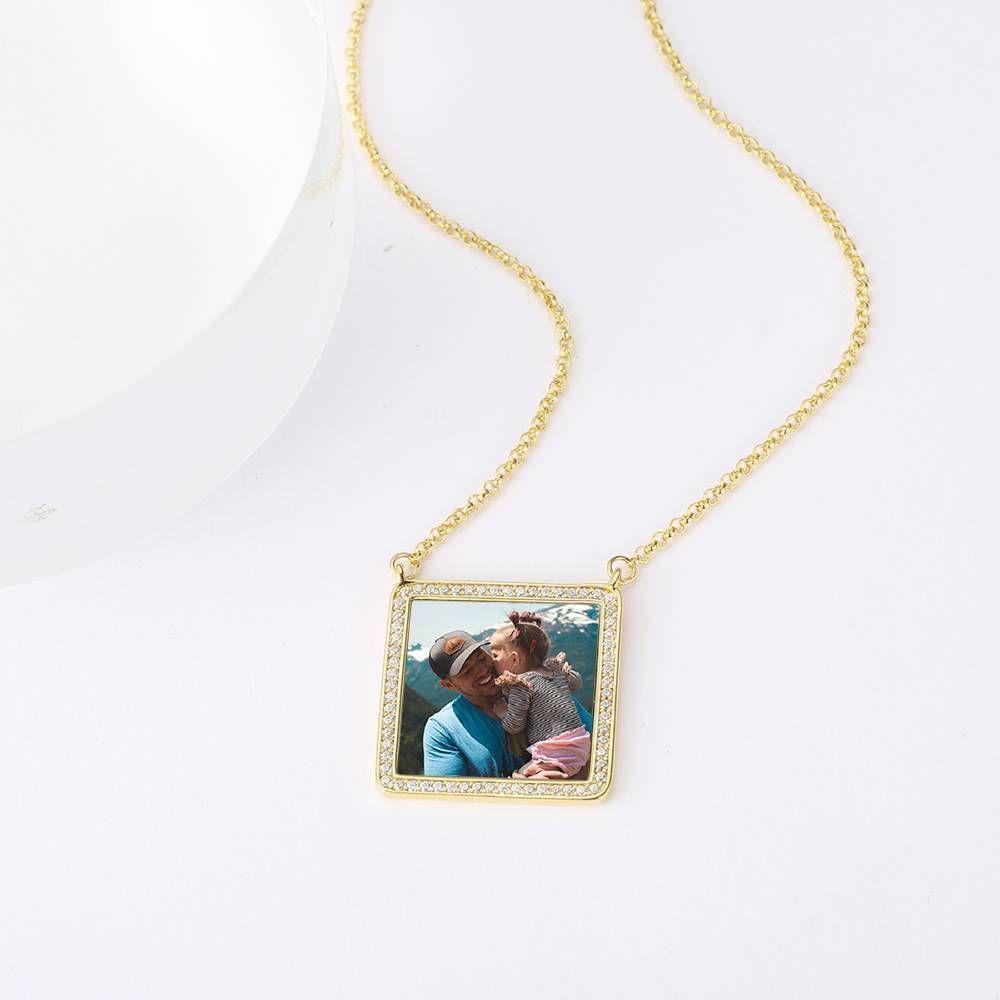 Photo Engraved Necklace Rhinestone Crystal Square Shape Photo Necklace 14K Plated Gold Golden - Colorful - yournamencklaceuk