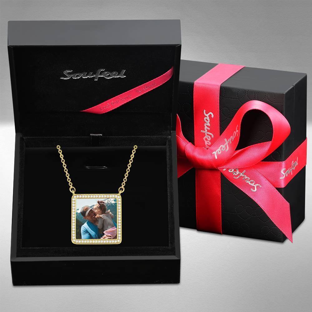 Photo Engraved Necklace Rhinestone Crystal Square Shape Photo Necklace 14K Plated Gold Golden - Colorful - yournamencklaceuk