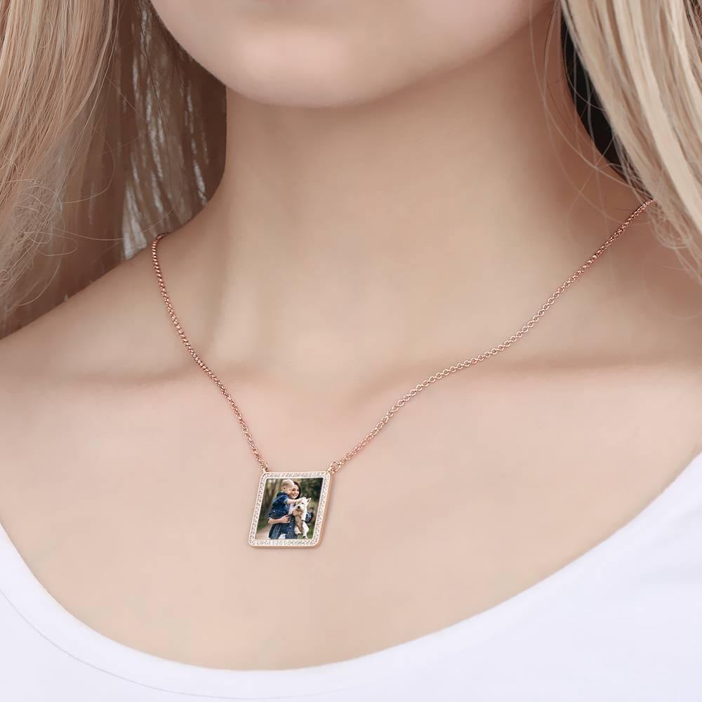 Photo Engraved Necklace Rhinestone Crystal Square Shape Photo Necklace Rose Gold Plated - Colorful - yournamencklaceuk